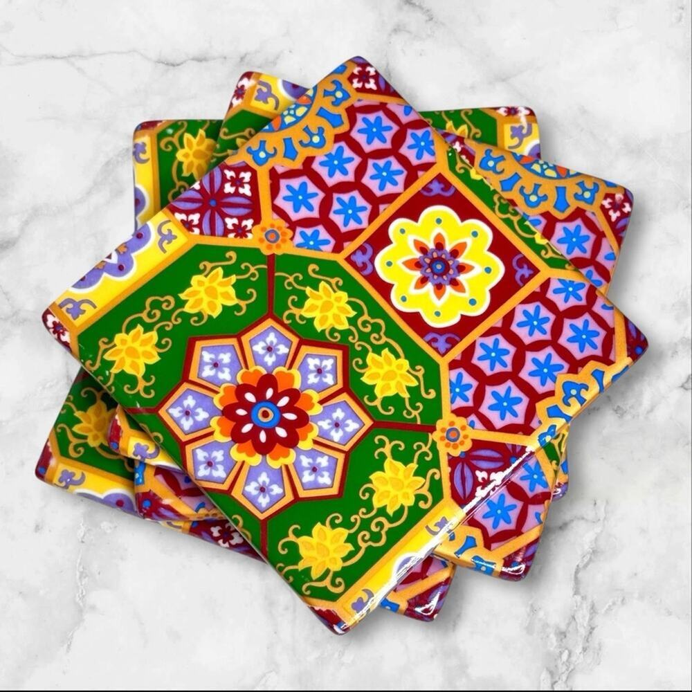 Ceramic Tile Coasters Colorful Talavera-Style Geometric Drink Floral Boho Set 4